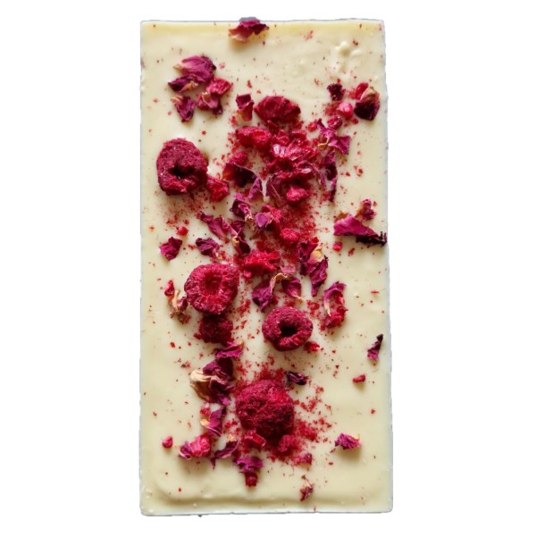 Weiße Schokolade Himbeeren + Rosenblüten 95g Tafelschokolade aus der Schokoladenmanufaktur Ritonka