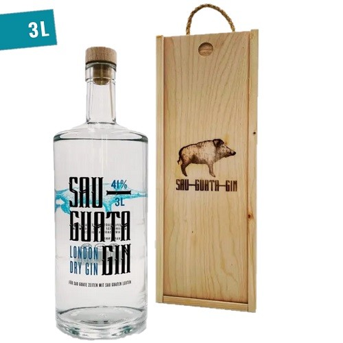 Big-Bottle 3L Flasche Sauguata Gin in Holzkiste Geschenkflasche